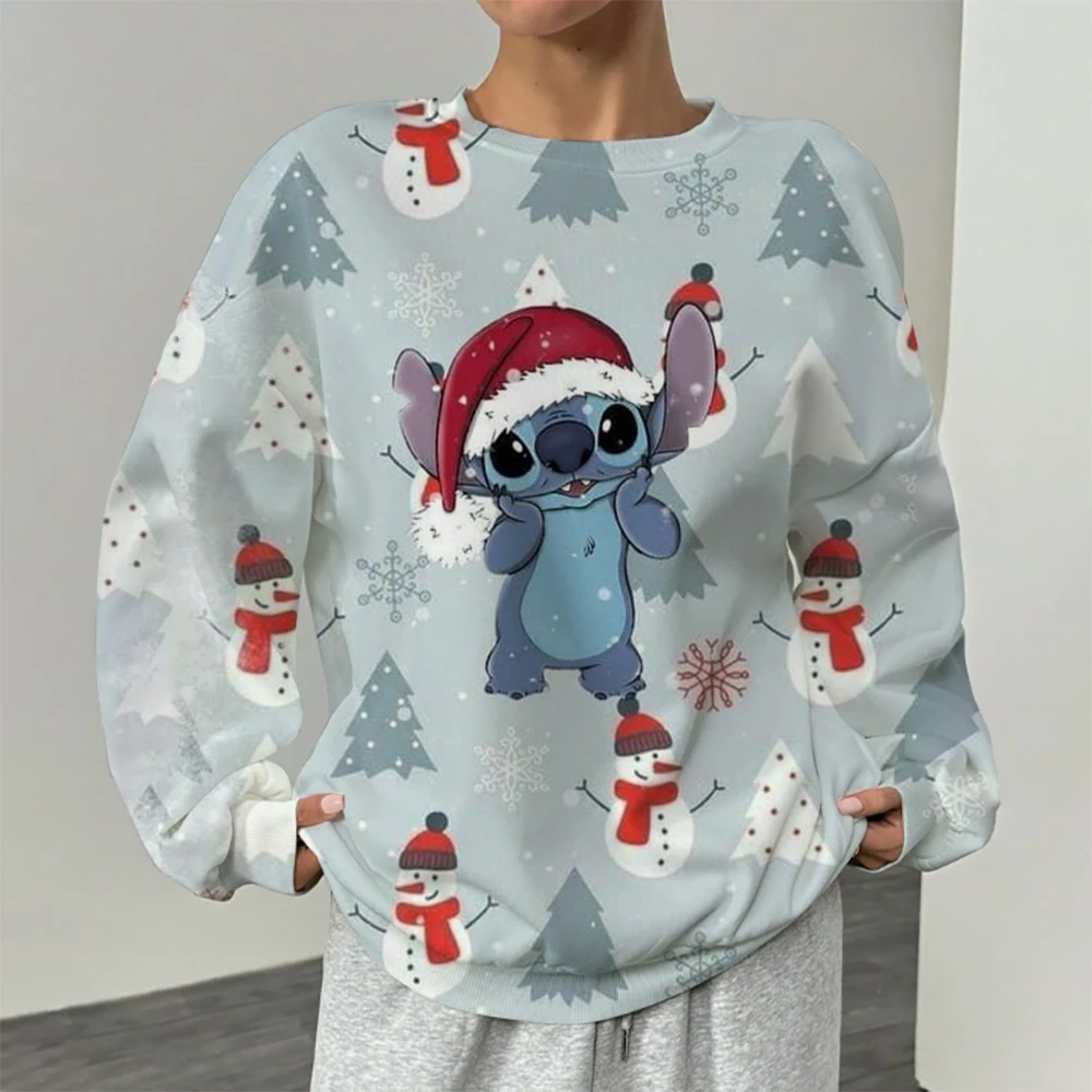 New Merry Christmas Disney Stitch and Mickey Minnie Fall Harajuku Crew Neck Casual Women's/Men's Long Sleeve Sweatshirt Top Y2K