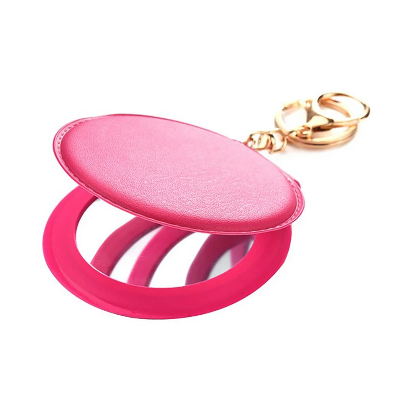 Porte-clés à 2 faces, couleur bonbon, miroir cosmétique en cuir, petit miroir rond, miroir de maquillage pliable et Portable, nouveau