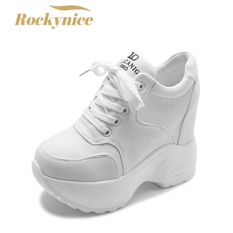 Women Platform Trainers Ankle Boots Autumn Mesh White Sneakers 10CM Heels Wedges Boots Breathable Height Increasing Boots Woman