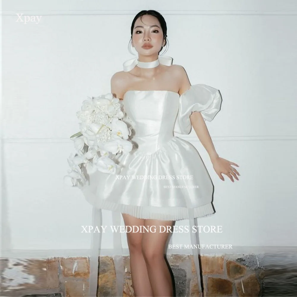 

XPAY Elegant Strapless Short Mini Satin A Line Korea Wedding Dresses Photo Shoot Puff Sleeves Draped Above Knee Bridal Gowns