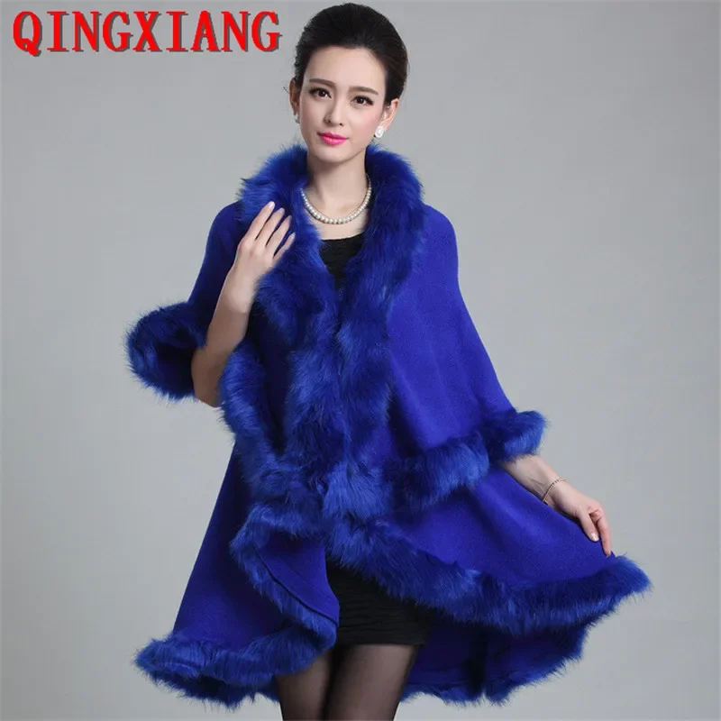 12 Colors Women Faux Fox Fur Collar Oversize Coat Winter Warm Long Knitted 2 Layers Poncho Cape Cashmere Loose Shawl Streetwear