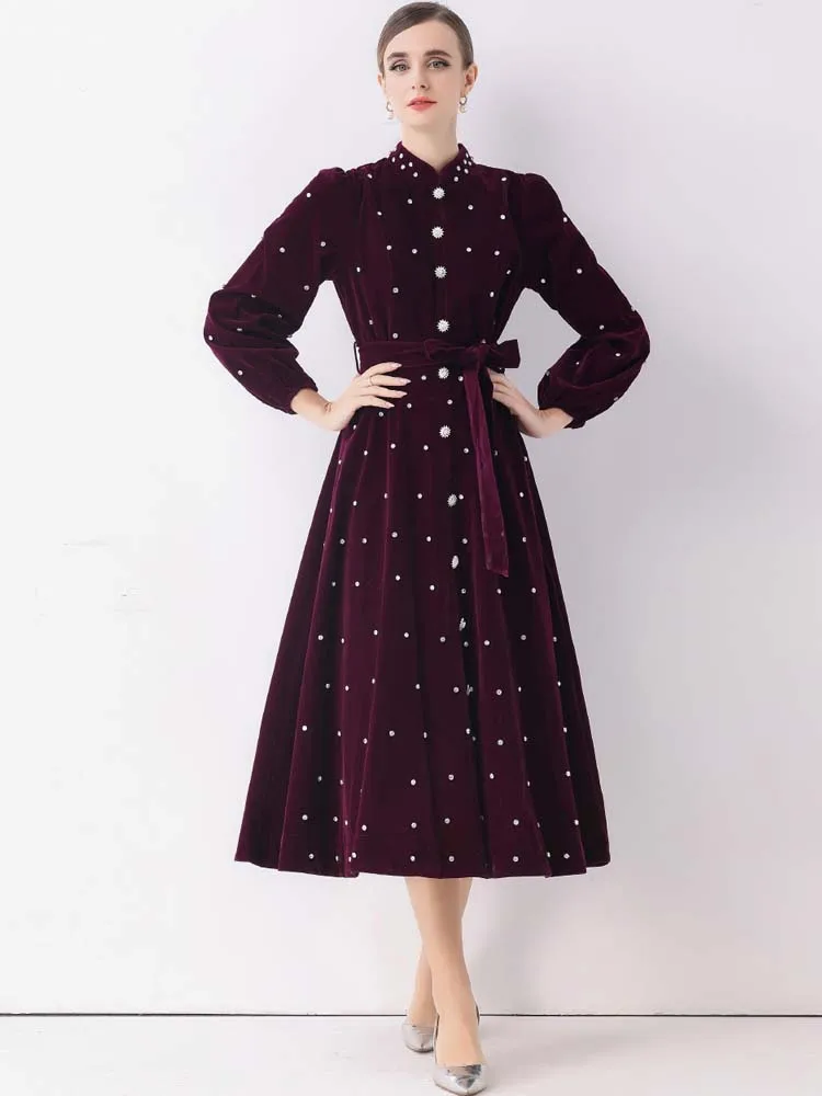 فستان فاخر عتيق مطرز بالخرز من المخمل للنساء موضة خريف وشتاء بأكمام طويلة فساتين قميص طويلة واحدة الصدر INKEO 5D257 #4