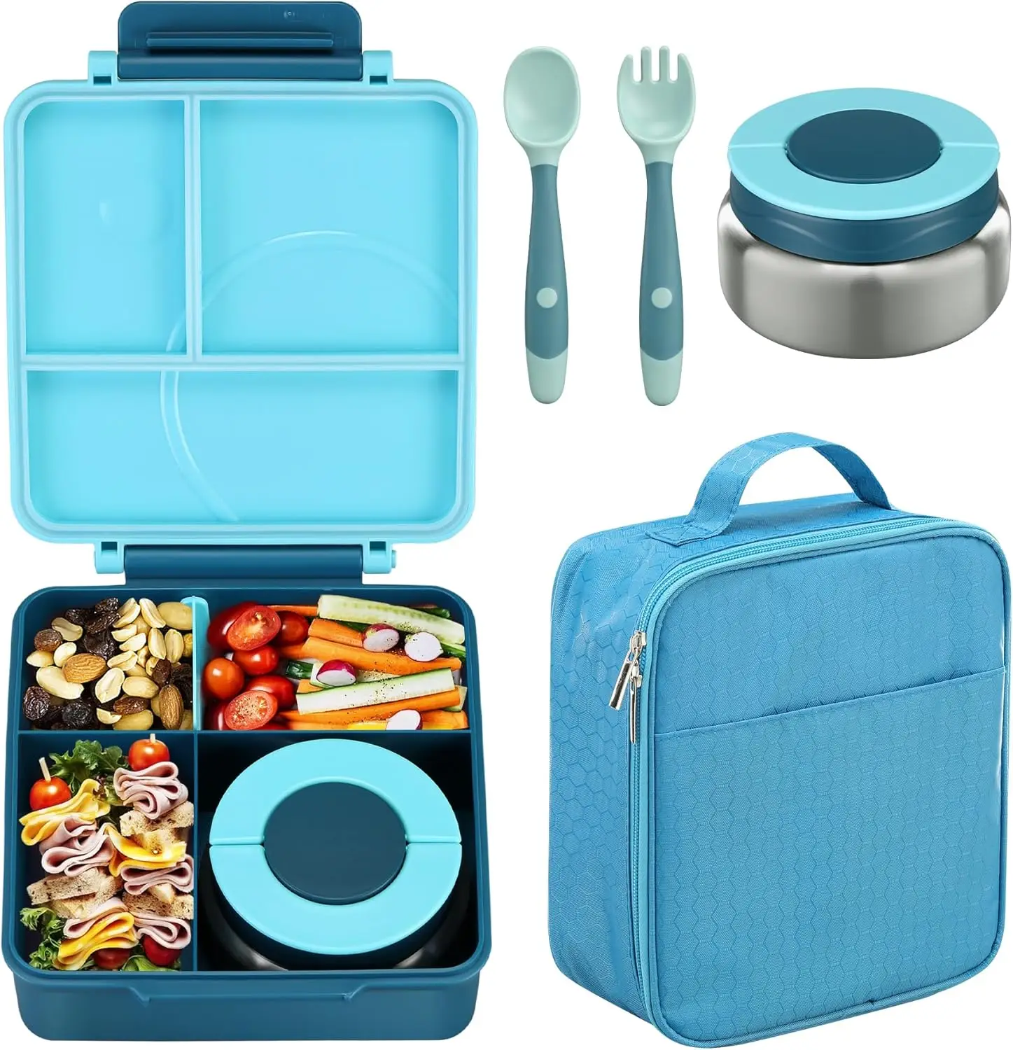 

Kids Bento Lunch Box Set with 8oz Thermo, Leak-Proof Containers, Insulated Bag for School - Blue
