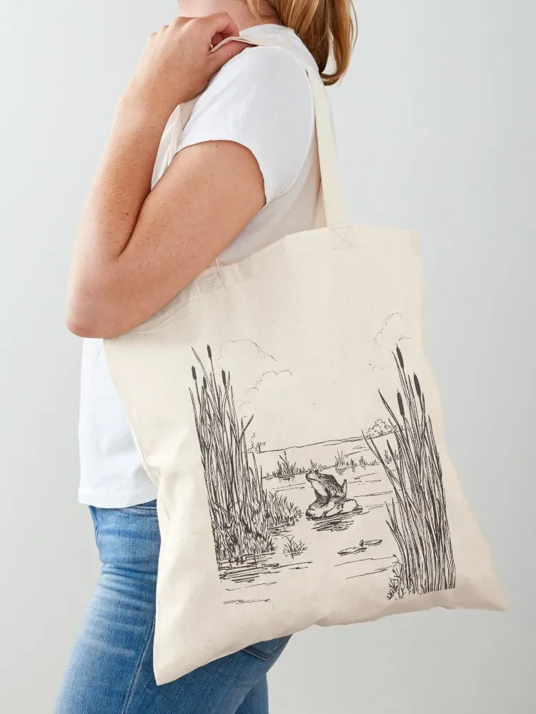 Cute Vintage Cottagecore Aesthetic Frog Sitting by the Pond Thinking, Emo Depressed Frogge by Lake Tote Bag