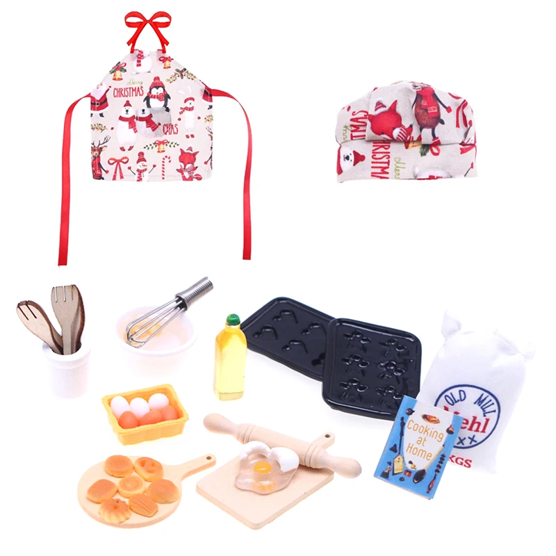 1 Set Chef Hat Mini Apron Clothing Rolling Pin Egg Beater Baking Sheets Cook Tray Dollhouse Christmas Doll Cooking Baking Kit