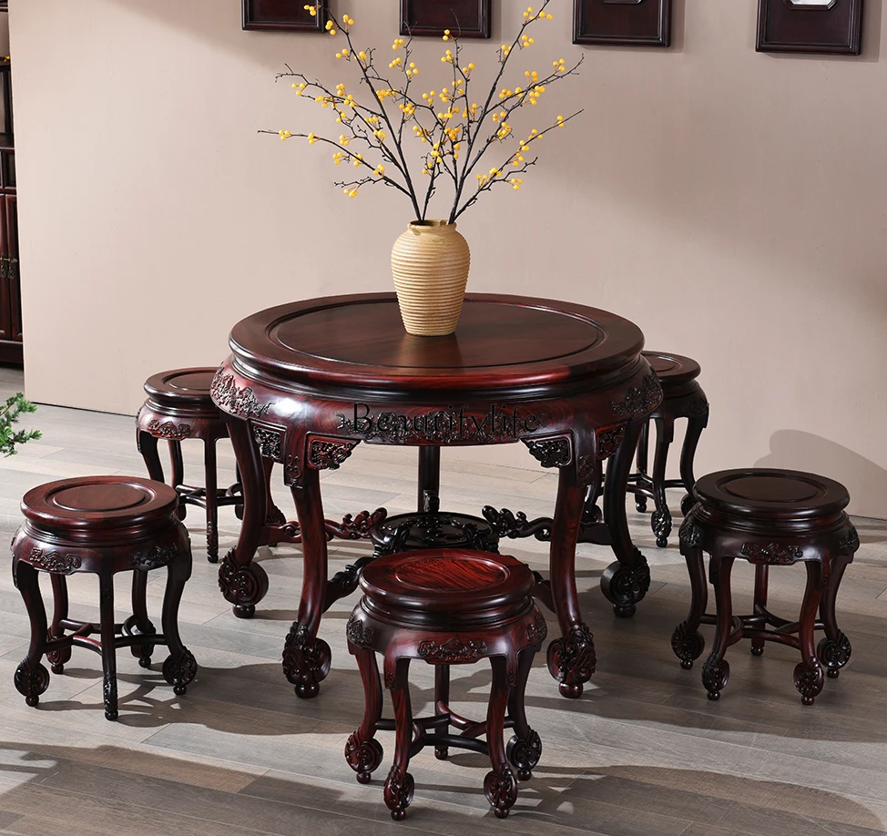 Rosewood Dining Table round Table and Chair Household Sandal Wood round