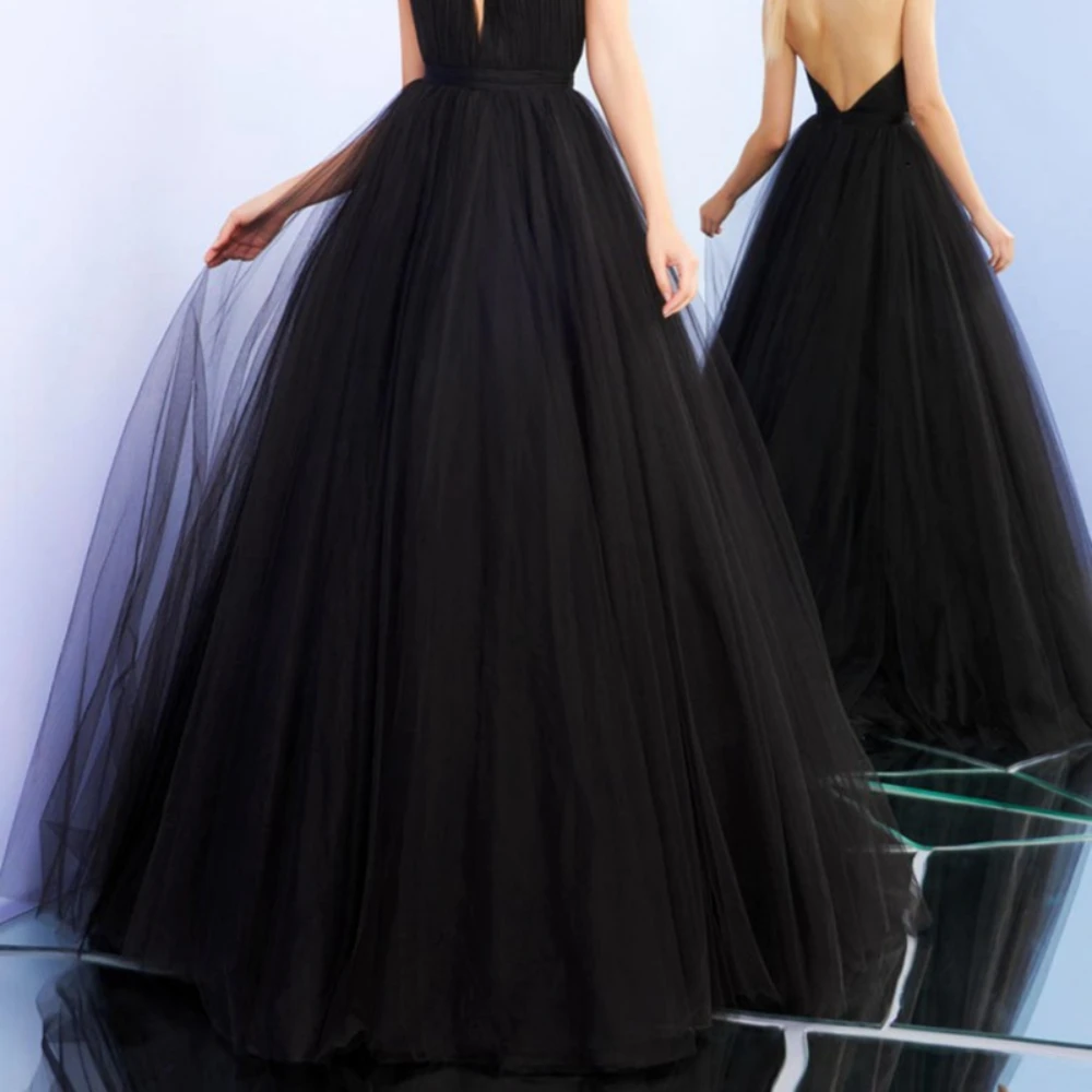 Black Halter Evening Dresses for Women Fashion Sleeveless Backless A-Line Gowns Chic Elegant Floor Length Party Prom Dresses