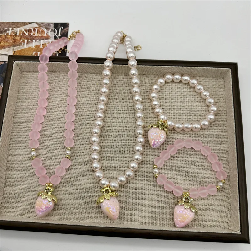 Pink Frosted Strawberry Beaded Necklace Bracelet Cute Princess Style for Girls Versatile Durable Premium Jewelry Gift