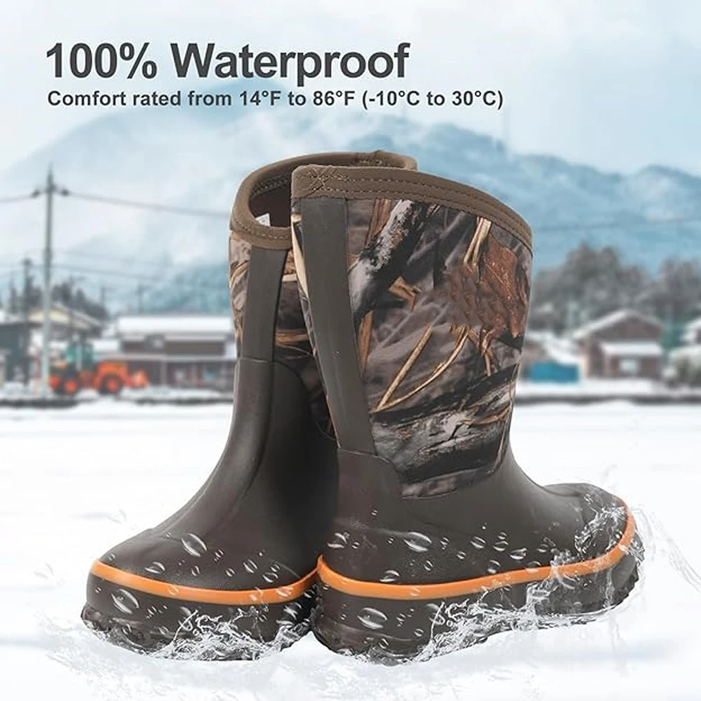 Tactical Children's Warm Rain Boots Waterproof Camo Mud Boots Winter Fleece-Lined Snow Boots for Hunting Fishing Outdoor Play