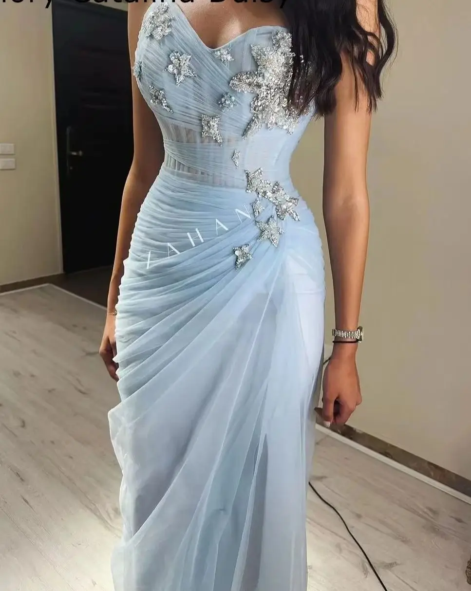 

Jirocum Luxury Light Blue Tulle Evening Dresses Sweetheart Neck Crystal Star Beaded Mermaid Dress for Prom & Gala