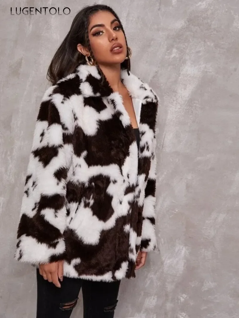 Women Faux Fur Jacket Autumn Winter Harajuku-style Cow Print Black White Coet Lady Loose New Fashion Warm Cloth Lugentolo