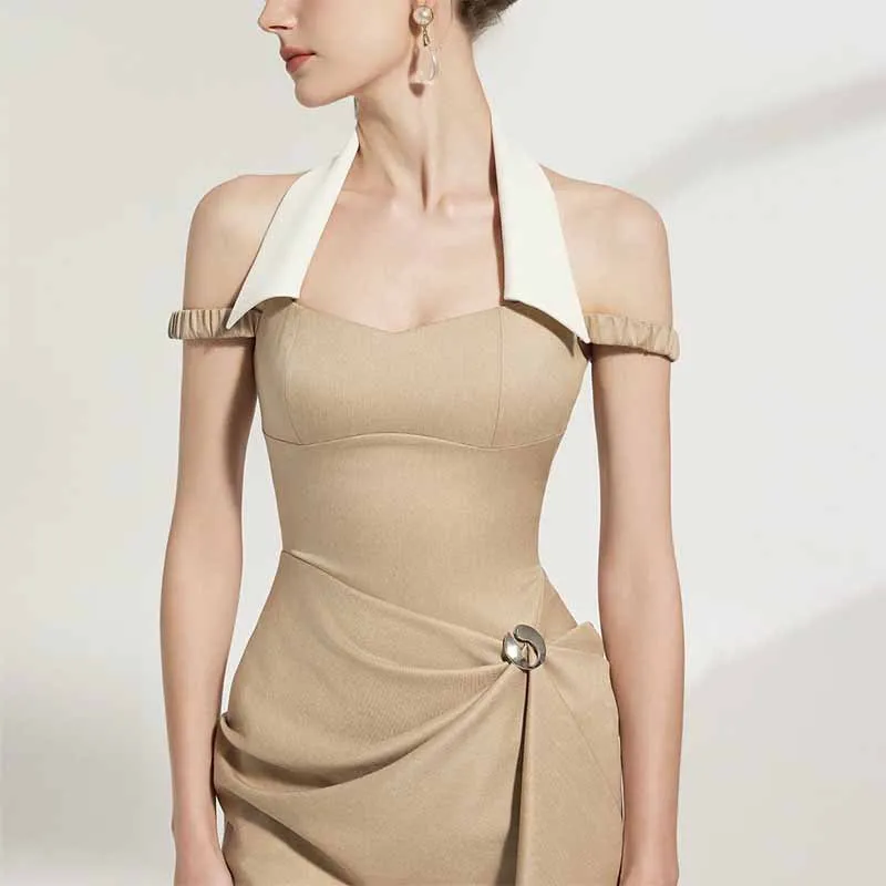 

2026 New Summer Elegant and Simple Lapel Button Cinched Waist Lotus Leaf Folding Hem Dress for Women