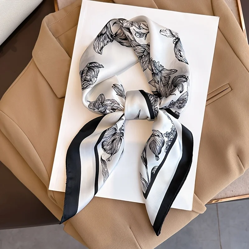 70*70cm Luxuriöses Seidentuch mit Blumenmuster für Damen, Foulard, Haarband, Handtaschenband, Kopftuch, Halstuch, Stirnband aus weichem Satin – Detail 2