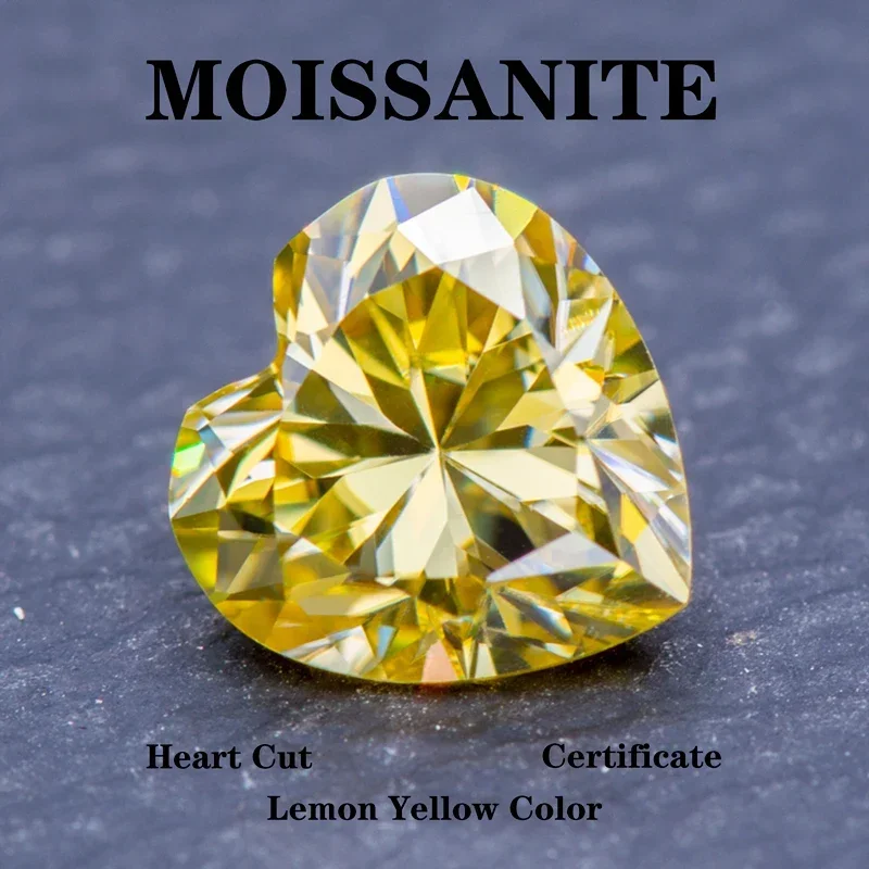 Moissanite Stone Heart Cut Lemon Yellow Color for Charms Jewelry Making DIY Ring Necklace Earrings Main Materials Certificate