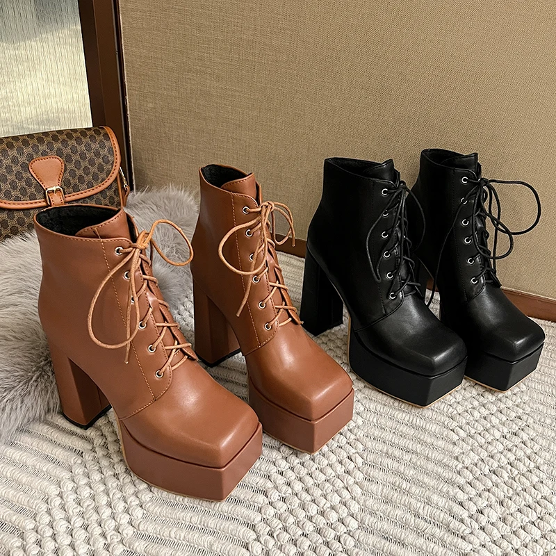 

Square-Toe High Platform High-Heeled Lace-Up Solid Color Sexy Women's Ankle Boots Black Leather Boots Matte Finish Spring and Autumn New High-End Design Runway Model Style Outdoor Elegant High Platform Y2K Style Lace-Up Sexy Solid Color Square Heel Ultra-