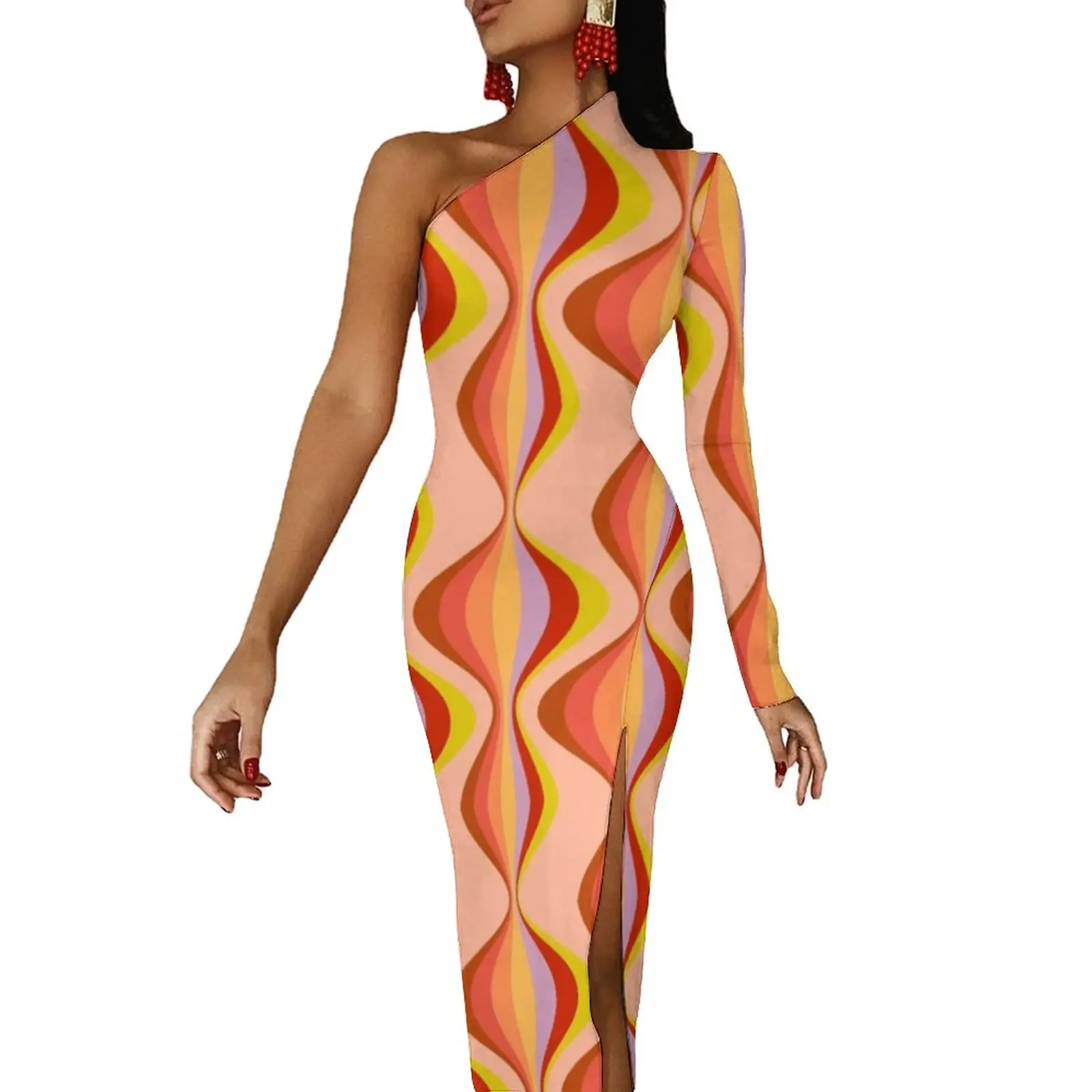 Retro Mod Pattern Maxi Dress One Shoulder 60s Aesthetic Sexy Bodycon Dress High Slit Street Wear Long Dresses Lady Print Vestido