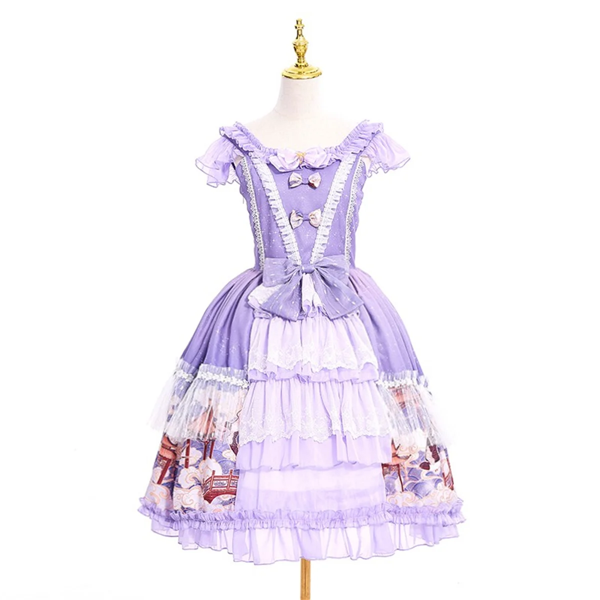 Chinesischen Retro Stil Lolita Op Süße Mädchen Cosplay Elegante Drucken Wolke Kran Holz Brücke Spitze Mesh Bogen Puff Hülse Tunika kleid