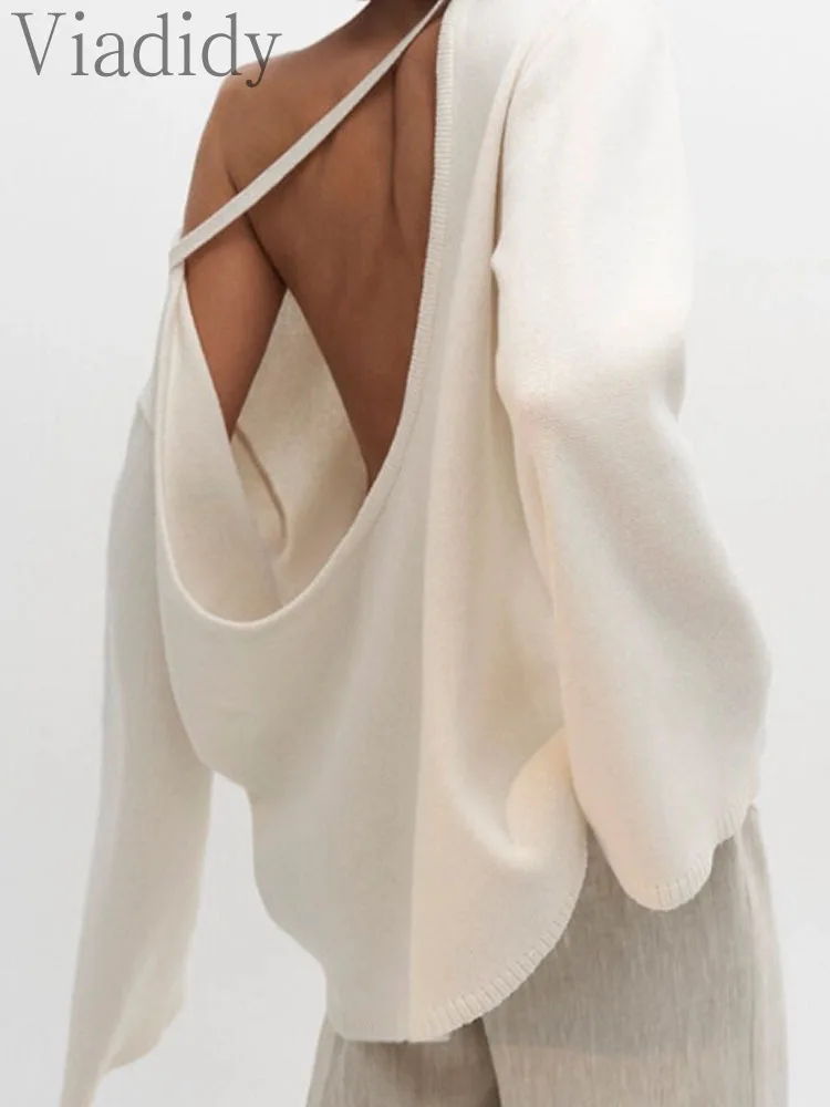 

Women's Sexy Solid Color Pullover Backless Sweater