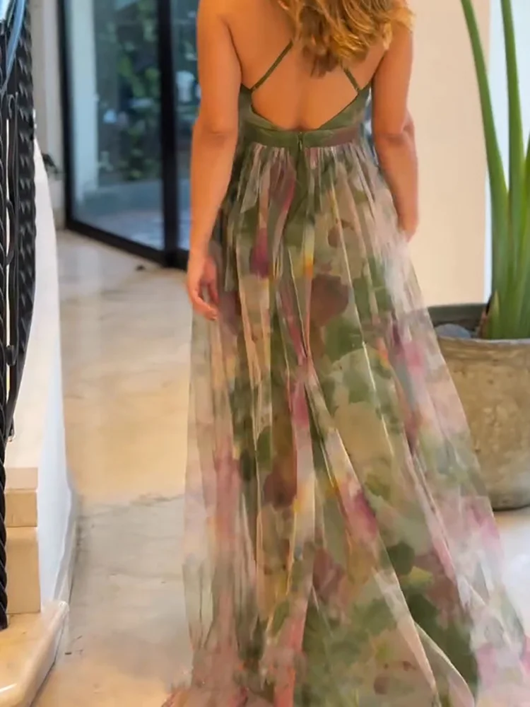 Boho Style Floral Print Mesh Long Dress Women 2025 Spring V Neck High Waist Swing Party Dress SUmmer Sleeveless Sling Maxi Dress