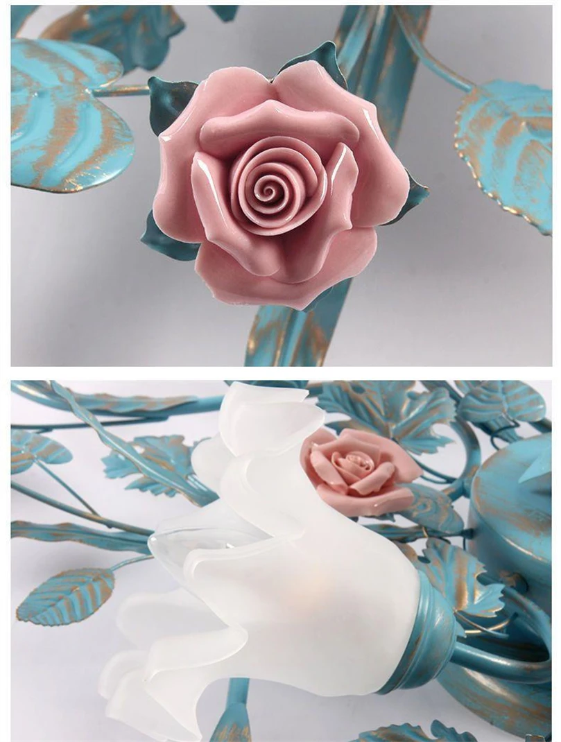 رومانسية زهرة الورد مصباح السقف النمط الرعوي زجاج زهرة ثريا تركب بالسقف لغرفة النوم غرفة المعيشة الفن العلية LED الإضاءة #6