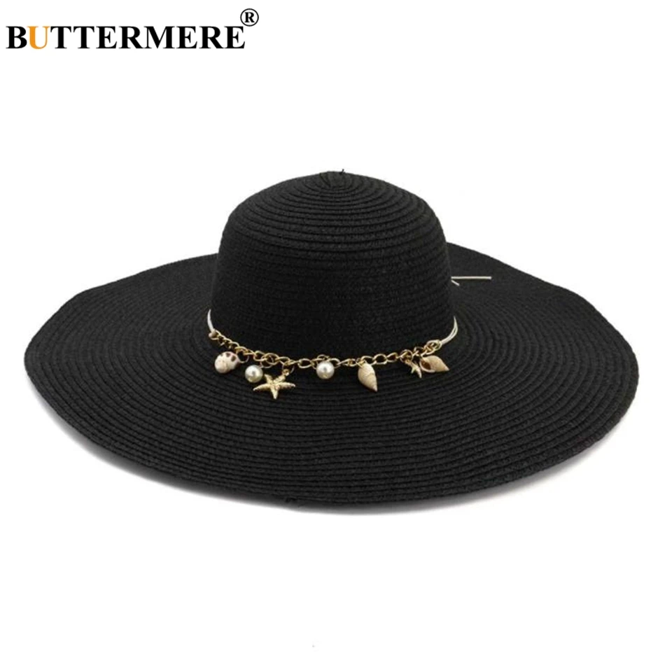 

BUTTERMERE Women Brim Large Hat Summer Straw Sun Hat Pink Conch Decorated Beautiful Female Travel Beach Sun Hat Wide Brim 13cm