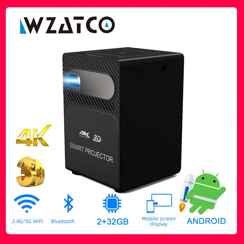 

WZATCO P18 HD 4K Real 3D DLP Mini Projector Android 9.0 WiFi LED Smart Portable Proyector Bluetooth Airplay built-in battery