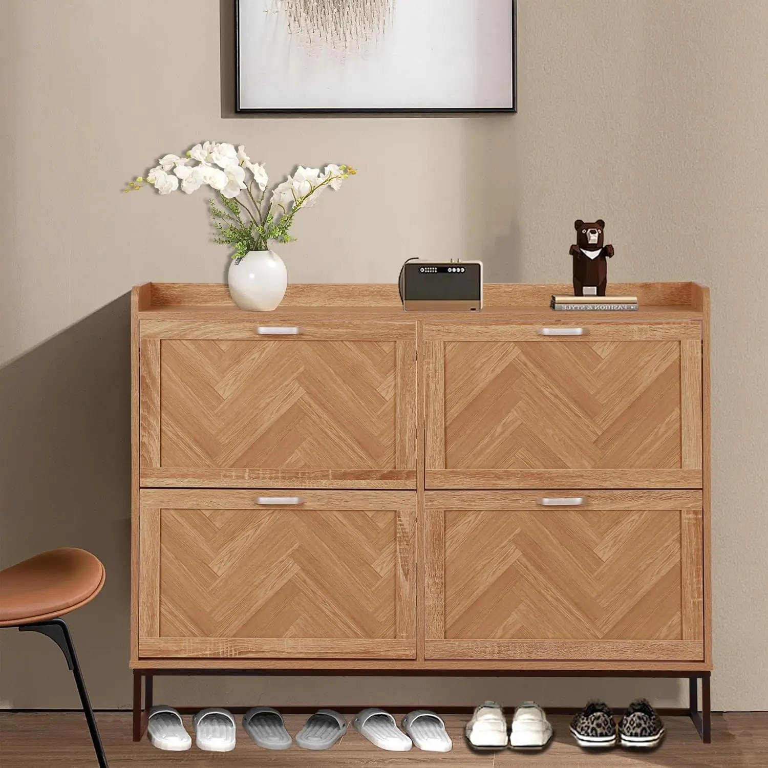 Shoe cabinet with 4 flip-top drawers, shoe storage cabinet at the entrance, freestanding hidden shoe storage cabinet