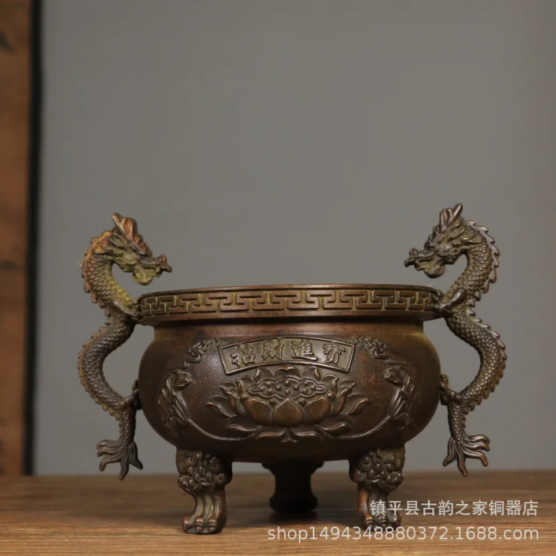 Pure Copper Double Dragon Ornament Large Home Use Living Room Incense Burner Indoor Chinese Style Buddhist Hall A