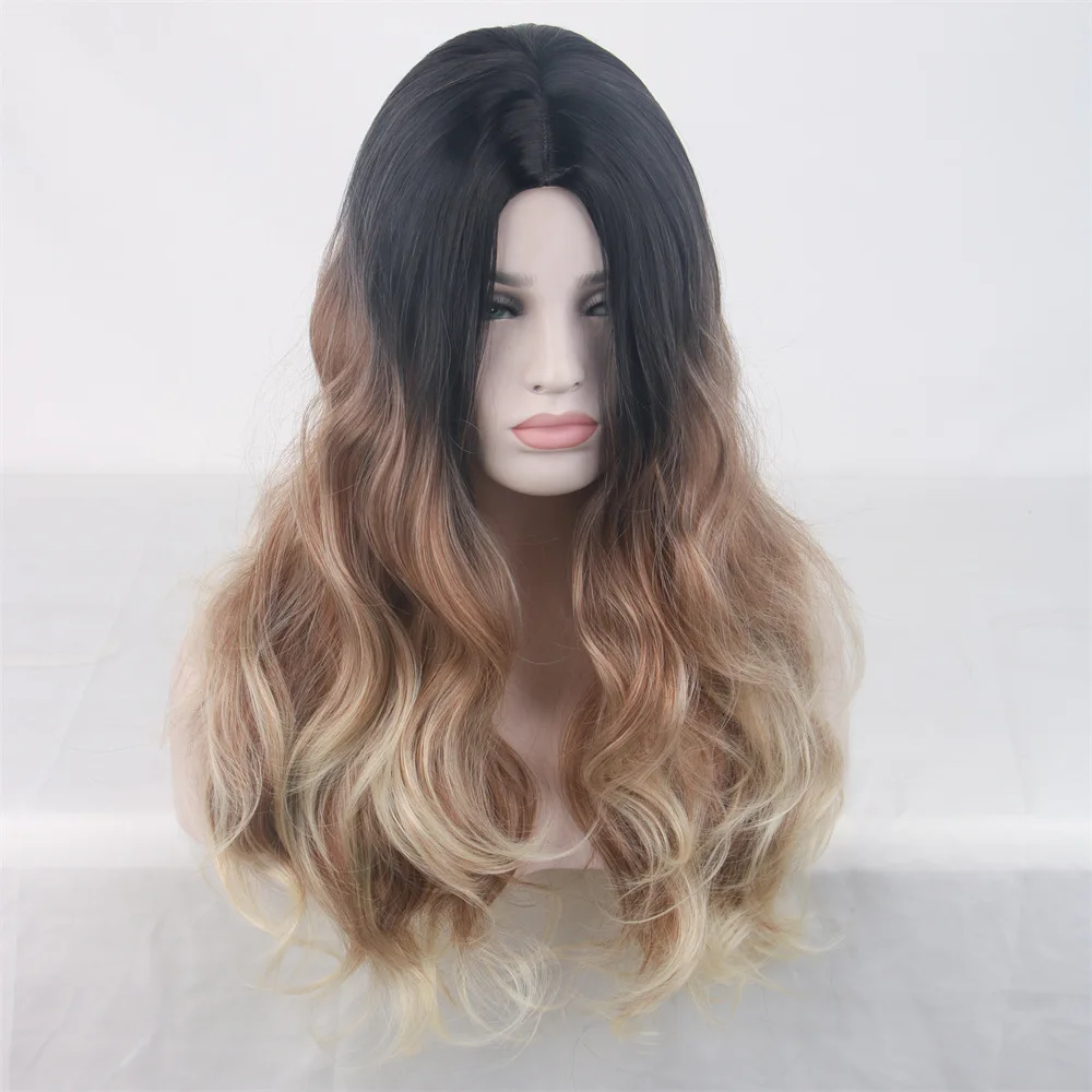 Heat resistant synthetic fiber high-temperature silk brown gradient women's split long curly wig full set