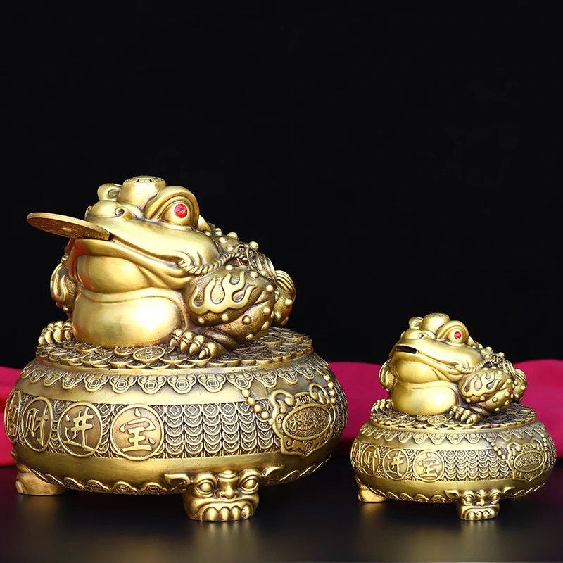 

8"Tibetan Temple Collection Brass Jinchan treasure bowl Ingots coin Gather fortune office ornament Town house Exorcism