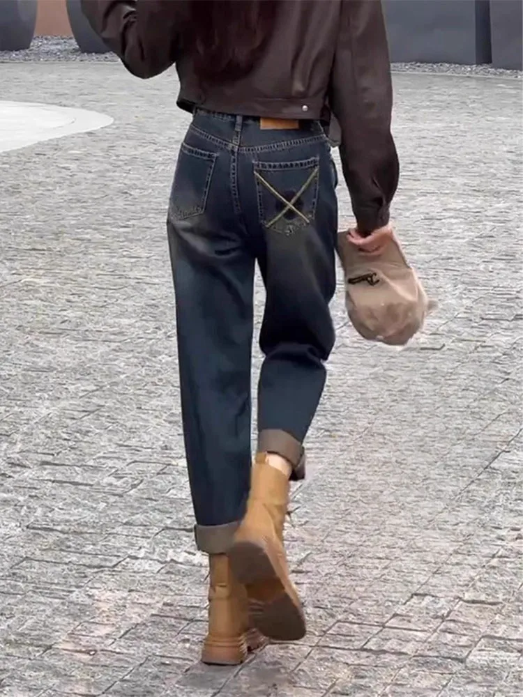 الأمريكية Sle عالية الخصر الحريم الجينز المرأة فضفاضة تناسب التخسيس صغيرة الحجم أبي السراويل الخريف جديد حجم كبير جينز غير رسمي