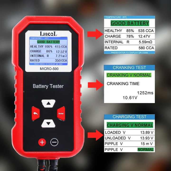 Lancol Micro 500 12V&24V Car Moto Battery Tester LED Display Tester 40-3000 CCA Lithium Battery Test Lead Acid Battery Analyzer