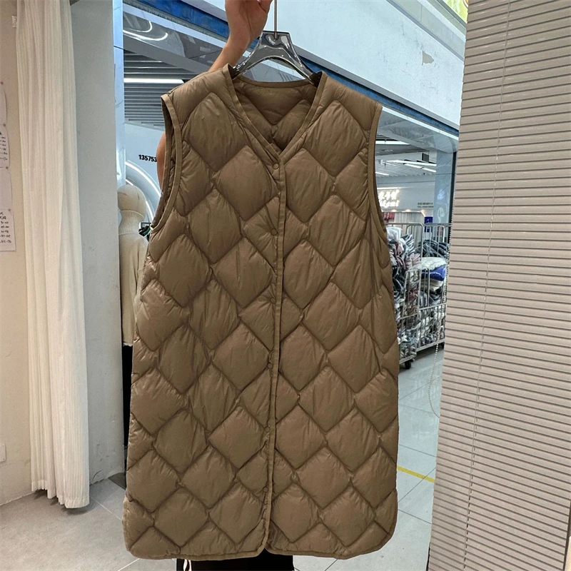 Women Oversize Down Waistcoat Autumn Winter Warm Light Thin White Duck Down Vest Coat Female Sleeveless Long Tank Puffer Parkas