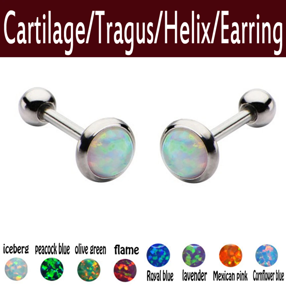 1Pair Opal Earring Stud Cartilage Helix Tragus Conch Ear Piercing Jewelry for Women Fashion Stainless Steel Barbell Earrings 16G