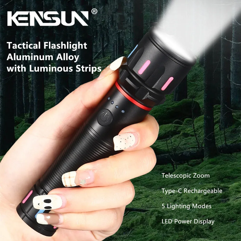 Tactical Spotlight Lang Range LED Flashlight Power Display Fluorescent Luminous Strips Type-C Waterproof Outdoor Torch Lamp