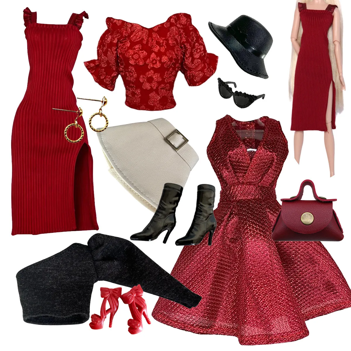1/6 Doll Clothes Accessories Classic Red Knitted Dress+Sequin Dress+Earrings+Shoes+Handbag Set For 30cm Babi Supermodel Doll