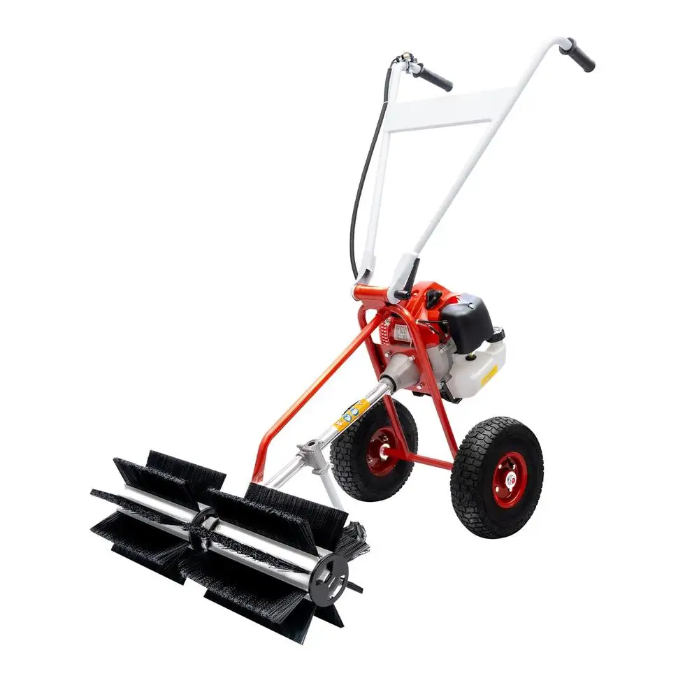 Gas Powered Walk Behind Sweeper Broom 43CC Air-Cooled Engine Double Handles Gas Sweepers Snowplow Broom Lawns Driveway Fast