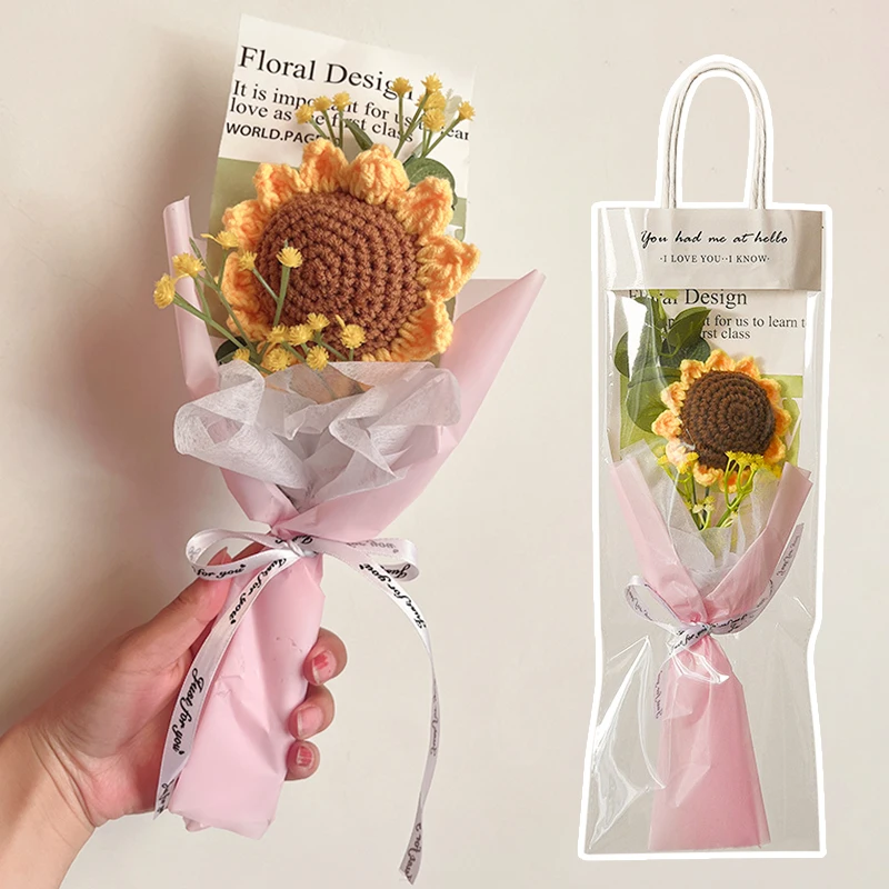 Sunflower Crochet Flower Bouquet Graduation Knitted Flowers Artificial Hand Woven Flowers Mother's Day Teacher's Day Gifts 꽃다발