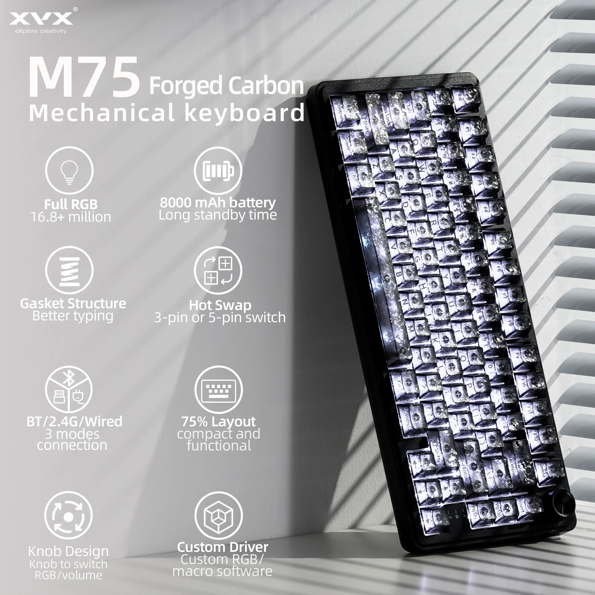 XVX M75 Smoke Carbon Fiber Textured Mechanical Keyboard Hot Swappable Gasket Tri-Mode Custom RGB Wireless Black Keyboard 75%