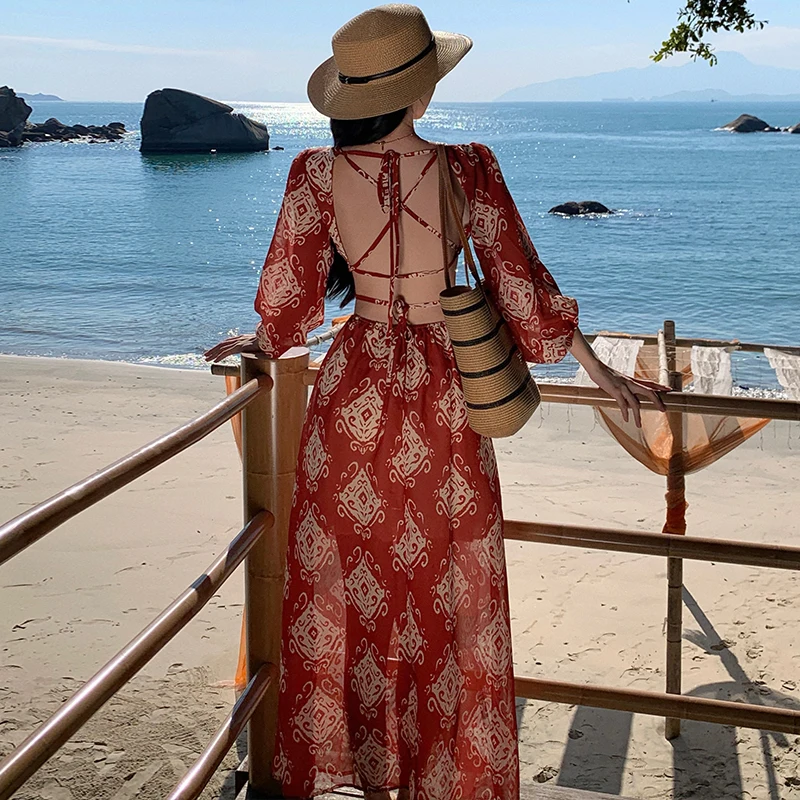 Beach Holiday Party Dresses Long Dresses Fashion Chic V Neck Backless Women's Dress Summer Print Dress Woman Clothing SL057