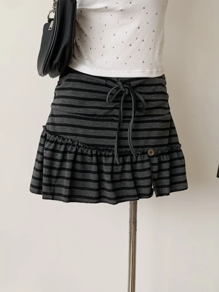 Gray Stripe Mini Skirt Women Drawstring Waist Spliced Ruffle Slim A-line Skirts Japanese Y2k Aesthetic Spicy Girl Falda