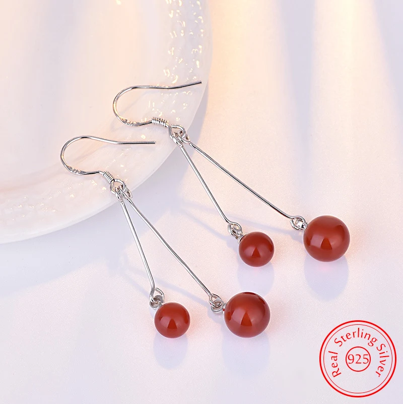 Real 925 Sterling Silver High Quality Jewelry Agate Beads Drop Earrings For Women Trendy New XY0088