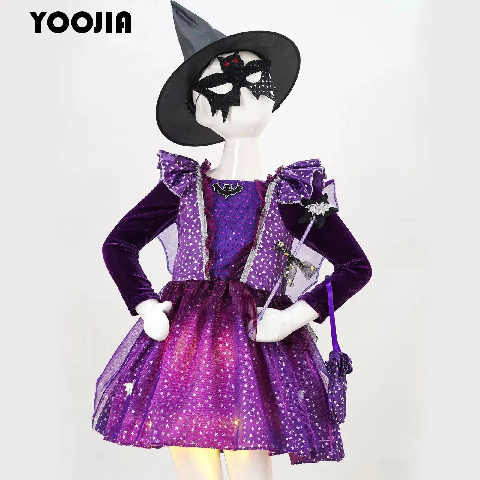 

4Pcs Witch Costume for Girls Light Up Halloween Wizard Costumes Kid Make Up Party Glittery Mesh Tutu Dress+Hat+Wand+Bag Set