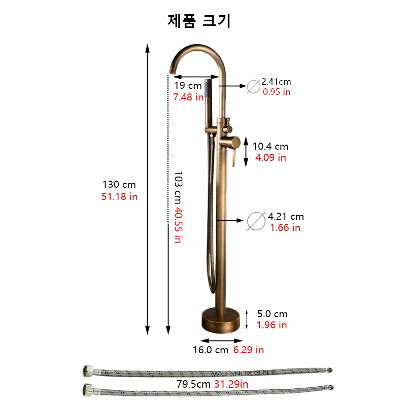 럭셔리 모던 황동 독립형 욕조 수전 세트 더블 핸들 360 °   회전식 욕실 믹서 욕조 2 기능 샤워 수돗물 온수 및 냉수 믹서 탭 두 기능 샤워 수도꼭지가있는 브러시 골드 플로어 욕실 욕조 수도꼭지 썸네일 6