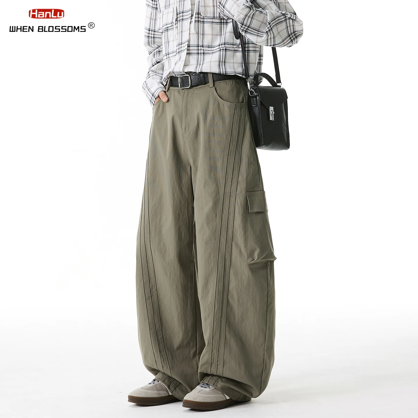

2025 Men's Textured Vintage Cargo Pants Contrast Tape J-Cut Design Oversized Utility Trousers Drop Crotch Streetwear
