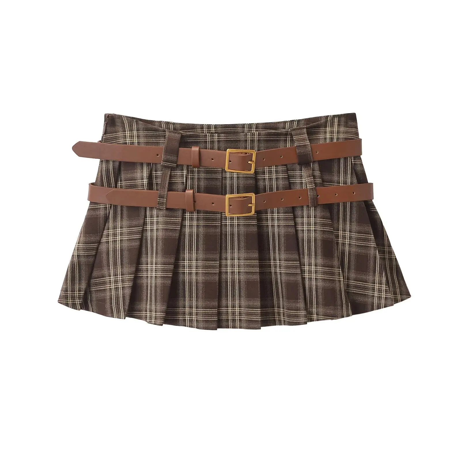 Sli ort geruite plooirok met dubbel riemontwerp Amerikaanse Sle f-lengte rok met lage taille voor trendy meisjes