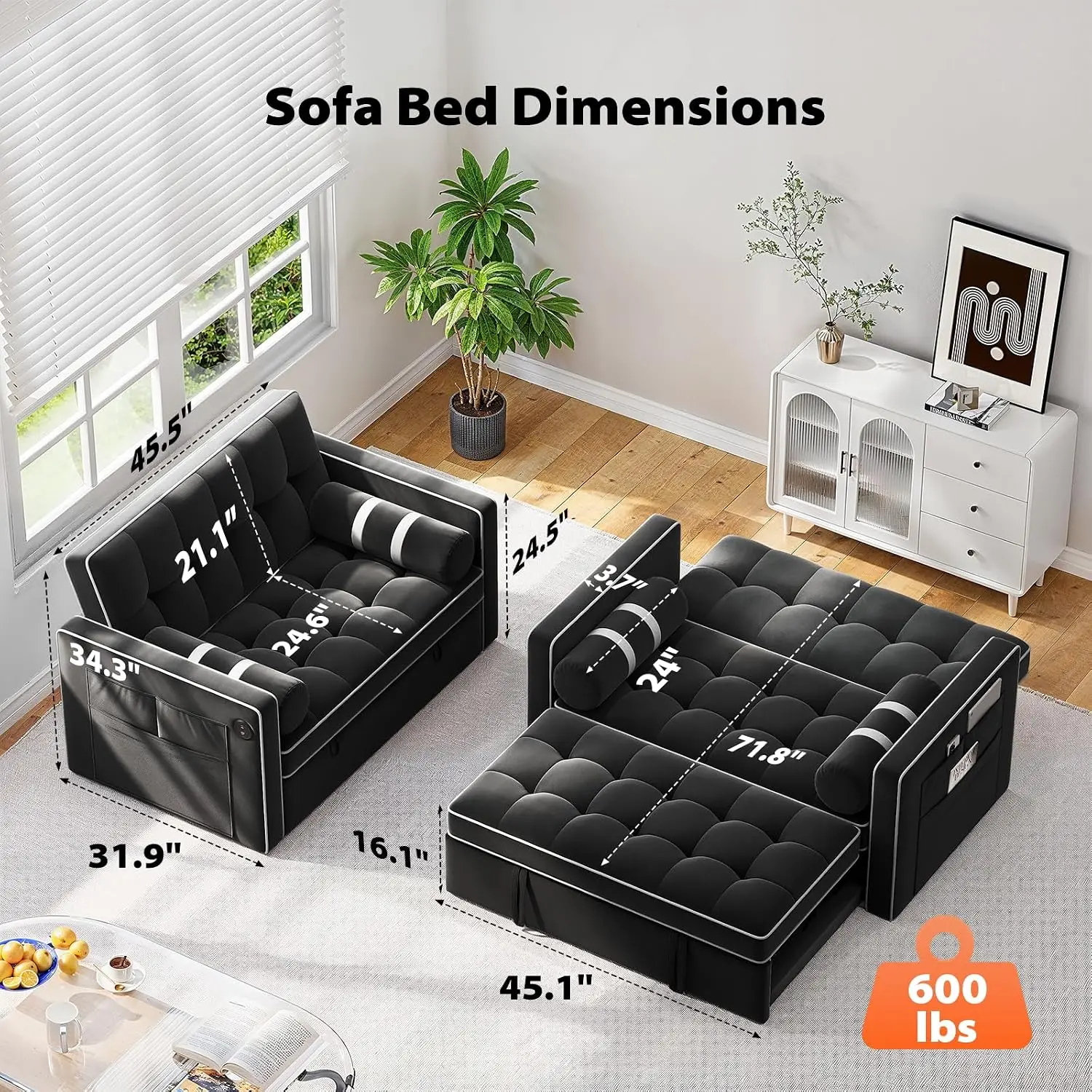 3-in-1 Pull Out Sleeper Sofa Bed with Storage, Convertible Futon for Living Room Apartment Office, Charcoal, Customized