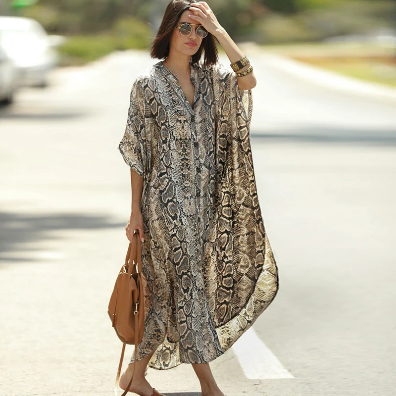 Women's Snake Print Beach Dress Cover Up Long Maxi Dress with UV Protection for Vacation Swimwear Bikini Outerwear