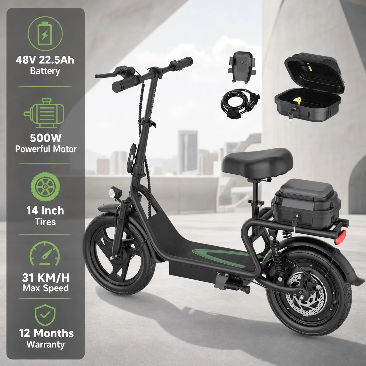 Adult 14 Inch Electric Scooter with Comfortable Seat 22MPH Fast Speed 48V Dual-Capacity Battery for Up to 55 Miles Long Range Dual Suspension System