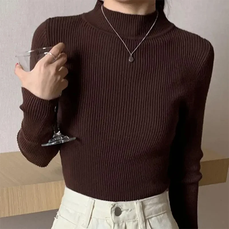 Jesienno-zimowy sweter damski z dekoltem w szpic Vintage Basic Solid Knitted Tops Casual Slim Pullover Korean Swetry Proste Szykowne Swetry